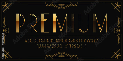 Art deco font, golden type, 1920s elegant typeface, vintage English alphabet with gold letters in sophisticated opulent style. Vector linear ornate uppercase abc script, numerals, special characters photo