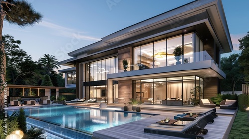 New Contemporary Style Luxury Home Exterior at Twilight, swimming pool at home. copy space for text. © Naknakhone
