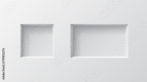 3d wall niches. Realistic vector two empty boxes or shelves on white colored background. Shop, gallery showcase mockup for product presentation. Blank retail storage, exhibit space, interior bookshelf