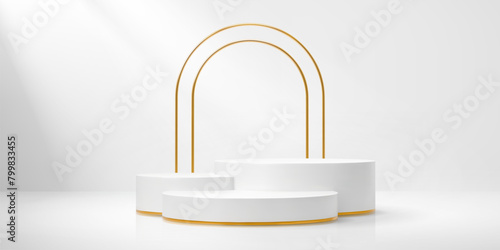 White podium with golden arch and round stages. Realistic 3d vector platform or pedestal for cosmetics product presentation. Studio display background mockup, minimalist showcase scene with gold arc