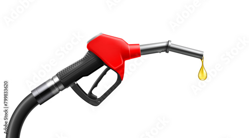 Realistic fuel nozzle, isolated 3d vector gas gun with dripping yellow drop of petroleum. Fueling pistol for petrol or gasoline fill, oil handle pump dispenser, ethanol biodiesel refuel station © Buch&Bee