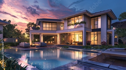 New Contemporary Style Luxury Home Exterior at Twilight, swimming pool at home. copy space for text.