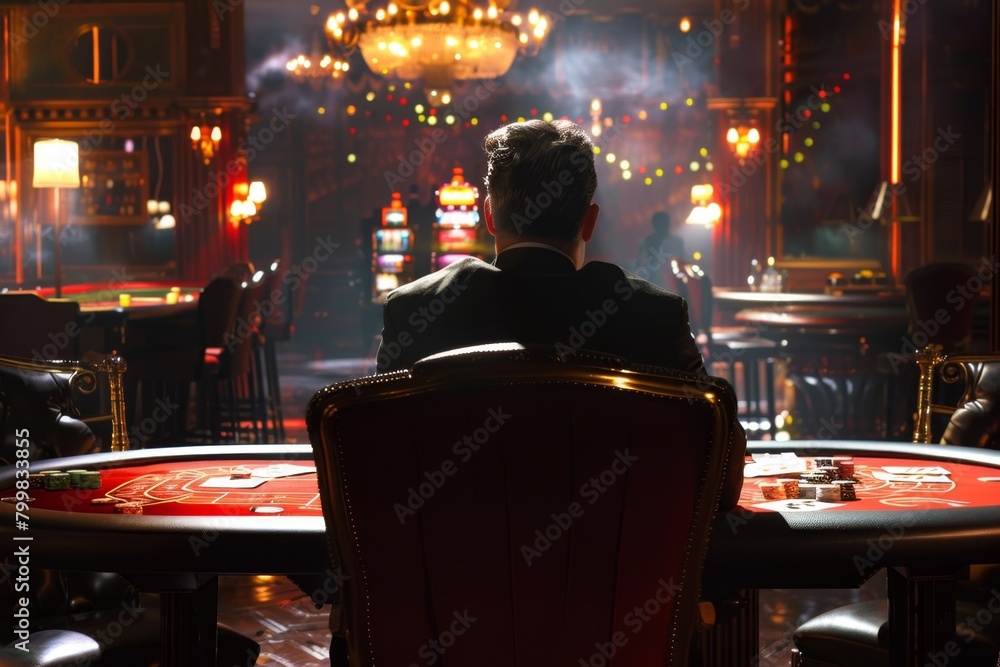 Man sitting at a table with a casino table. Gambling concept background 