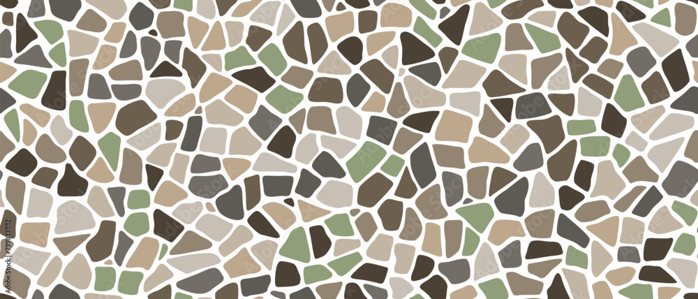 Fototapeta premium Mosaic pebble stone ground pattern with rock texture. Pebble, gravel and cobblestone floor or wall tile vector background. White, gray and brown pavement surface abstract geometric pattern background