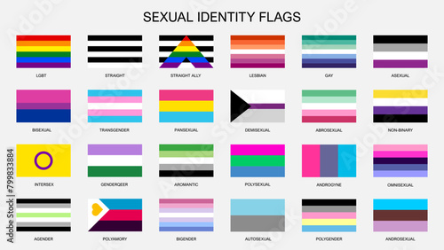 Sexual diversity LGBT pride flags, rainbow color vector banners set. Gender identity and sexual diversity symbols of LGBT pride, gay, lesbian, transgender, bisexual, straight, polysexual and asexual photo