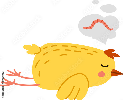 Cute chick cartoon character peacefully slumbers, dreaming of a vibrant worm in its imagination. Isolated vector adorable, feathered baby hen bird personage sleeping and sees food in its dreams