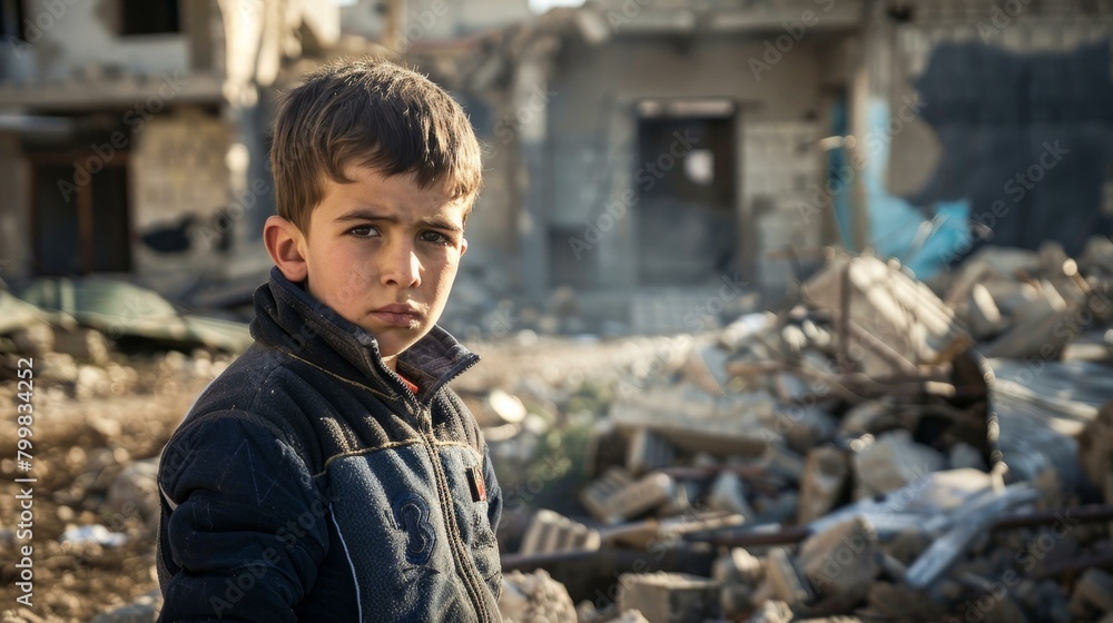 Amidst the ruins of a war torn building, a little boy stands, embodying the suffering of civilians in a military conflict, Ai Generated Amidst the ruins of a war torn building, a little boy stands, embodying the suffering of civilians in a military conflict, Ai Generated