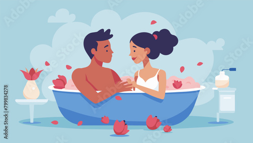 A romantic bath for two as a couple enjoys a warm soak in a tub filled with rose petals and bath oils..