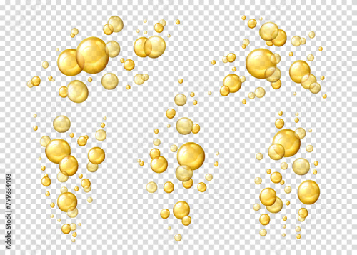 Liquid oil bubbles, yellow collagen serum. Isolated 3d vector realistic shiny drops, gold cosmetic pills or capsules. Oily vitamin essence droplets. Oil bubbles or balls flying or floating in the air