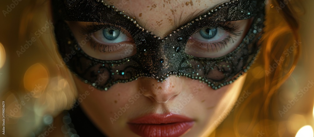 masked beauty commands attention, her gaze piercing through the artistry of her disguise.