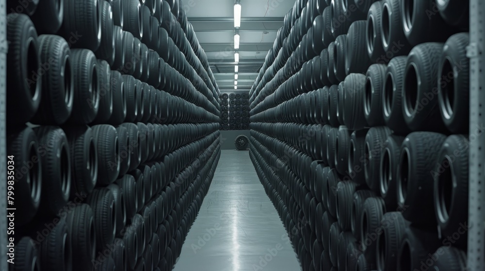 Brand new car tires stored in a clean and organized warehouse ready for sale and distribution Brand new car tires stored in a clean and organized warehouse ready for sale and distribution