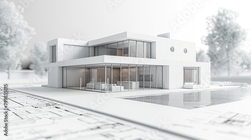 Projet de construction d'une maison moderne d'architecte sous forme d'esquisse avec plan. copy space for text. photo