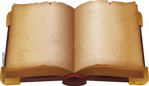 Game book with open pages of ancient old or medieval antique parchment paper, cartoon vector. Fantasy game book for vintage magic GUI asset or gaming UI element for map with empty blank pages