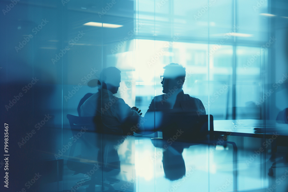 Fototapeta premium scene of collaboration as a businessman discusses a business plan with a coworker, with the background softly blurred, creating a professional ambiance,
