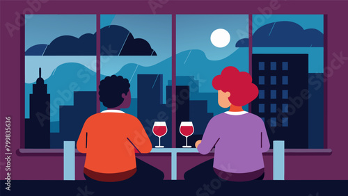 As a thunderstorm rages outside two friends sit by a window overlooking the city sipping on fullbodied red wine as they confide in each other about. Vector illustration