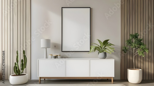 Stylish art space interior with cabinet and decoration  mockup frame  Mock up poster frame on cabinet in interior.3d rendering  Mock up posters in the interior in the style of lagom. Ai generated 