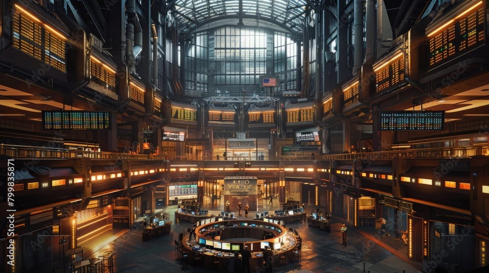 The interior of a futuristic stock exchange