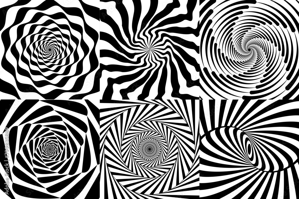 Hypnotic spiral swirl, psychedelic hypnosis patterns. Vector swirling black and white backgrounds with spinning vortex. Optical illusions twists, twirls and radiant stripes for hypnotherapy effect