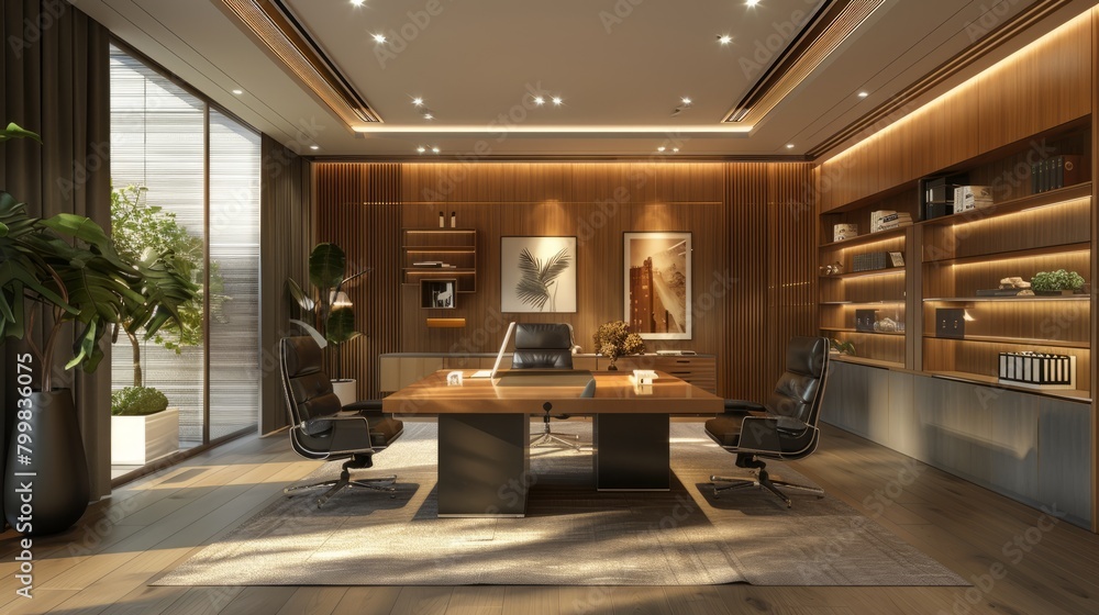 The interior of a modern office with wood paneling, a large desk, and ...