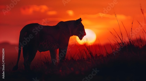 Serengeti sunset with silhouette of a lioness, dramatic 4K wallpaper