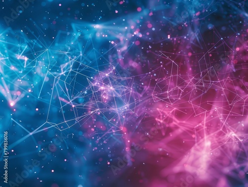 Abstract of a digital landscape, featuring a complex network of interconnected pink and blue dots and lines that symbolize advanced technology and data connections.