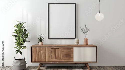Stylish art space interior with cabinet and decoration, mockup frame, Mock up poster frame on cabinet in interior.3d rendering, Mock up posters in the interior in the style of lagom. Ai generated 
