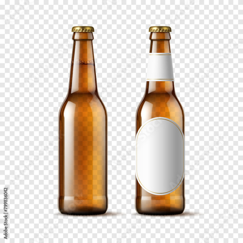 Realistic beer bottle, transparent brown glass bottle mockup with blank label. Isolated 3d vector flask with thin neck, metal lid and liquid within. Alcohol beverage, beer drink container mock up