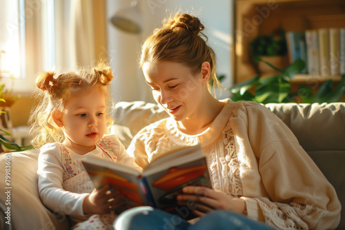 A young mother reading a book to her child in the living room  illuminated by warm  natural light  capturing a heartwarming moment of parent-child bonding and educational interaction. 