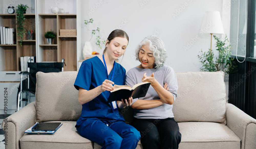 Caregiver doctor examine older patient use blood pressure gauge. woman therapist nurse at nursing home taking care of senior elderly woman