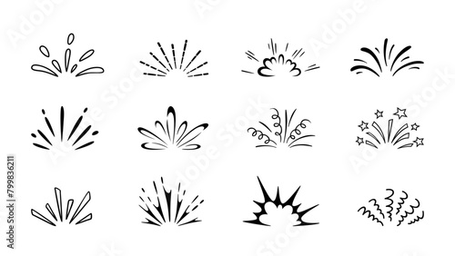 Cartoon spark effect. Isolated vector set of energy bursts, light flare, sparkles or fireworks, emanating from an impact or action with dynamic motion lines. Monochrome flashes or magic spark effect