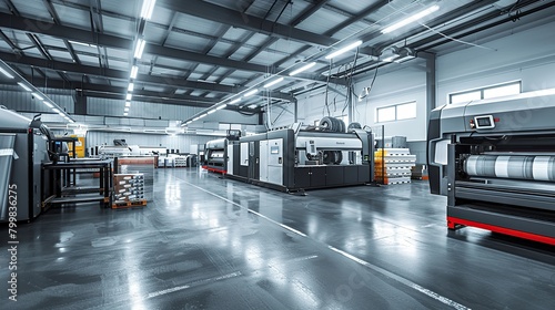 The production floor of a big digital printing company with large print machines printing packaging designs. copy space for text.