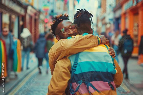 heartwarming shot of love and acceptance as LGBTQ couples embrace against the backdrop of a bustling city, highlighting equality and inclusion,
