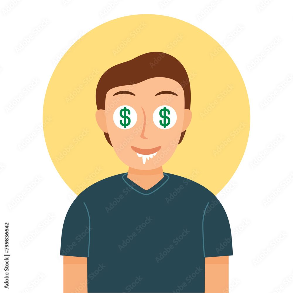 Man money dollar signs his eyes.
Vector, Illustration, Cartoon, EPS10. Man money dollar signs his eyes.
Vector, Illustration, Cartoon, EPS10.
