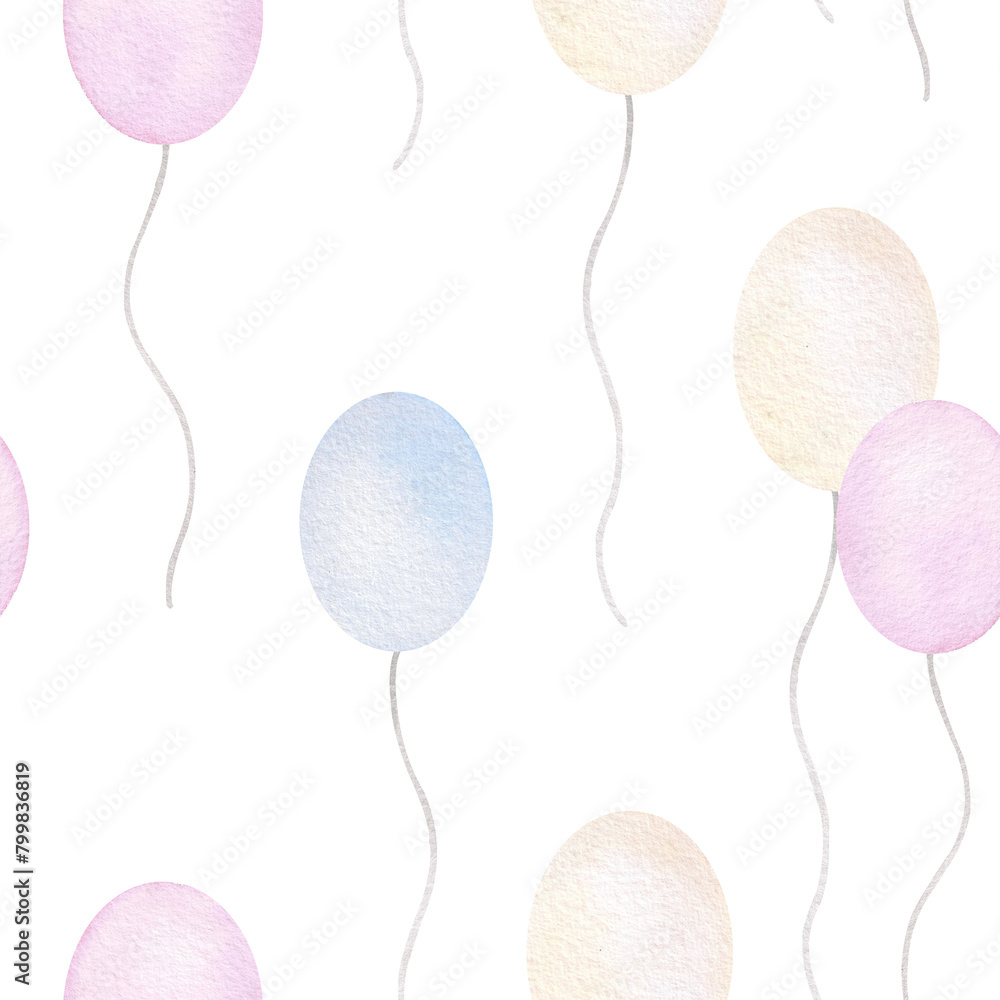 Watercolor seamless pattern with balloons. Hand drawn print with pastel balloons in pink, blue and yellow. Festive, birthday, party. Packaging design and decoration, childish style, cute and delicate. Watercolor seamless pattern with balloons. Hand drawn print with pastel balloons in pink, blue and yellow. Festive, birthday, party. Packaging design and decoration, childish style, cute and delicate.