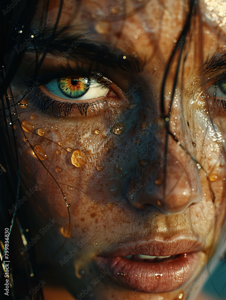A woman's eye is wet and has a green iris A woman's eye is wet and has a green iris