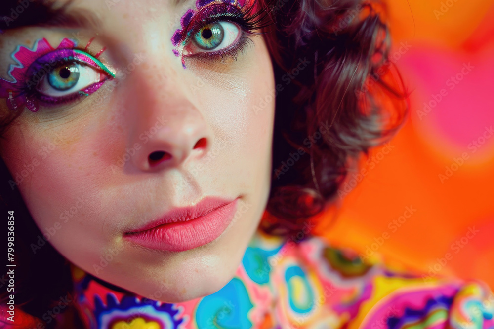 A vibrant close-up portrait of a chic young woman from the Swinging Sixties