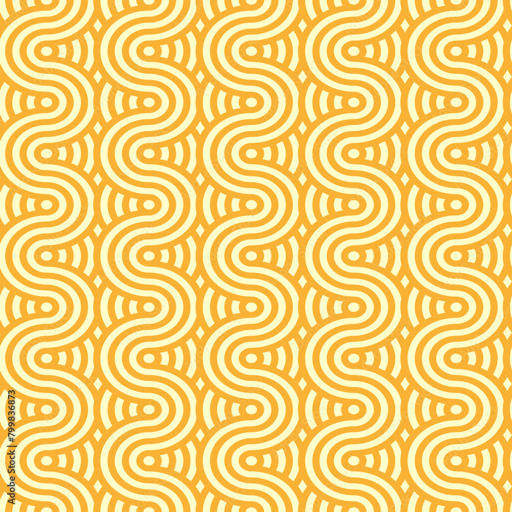 Yellow ramen pasta noodles pattern. Vector seamless tile background, featuring intertwined macaroni or spaghetti strands and wavy ornament, Wallpaper with appetizing textured waves of soba or ramen Yellow ramen pasta noodles pattern. Vector seamless tile background, featuring intertwined macaroni or spaghetti strands and wavy ornament, Wallpaper with appetizing textured waves of soba or ramen