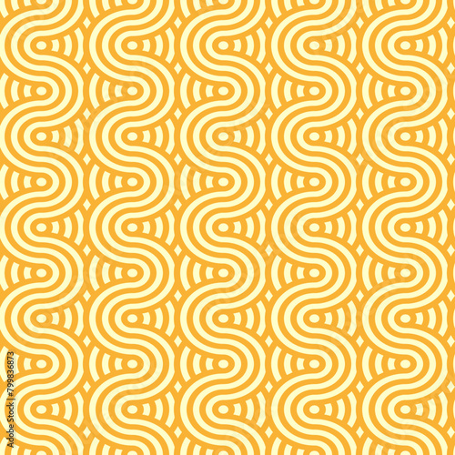 Yellow ramen pasta noodles pattern. Vector seamless tile background, featuring intertwined macaroni or spaghetti strands and wavy ornament, Wallpaper with appetizing textured waves of soba or ramen