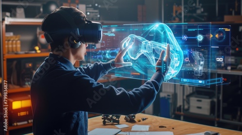 Professional digital engineer using Artificial intelligent and digital holographic to design product at modern studio. Attractive designer or inventor invent the creative innovation technology. AIG42.