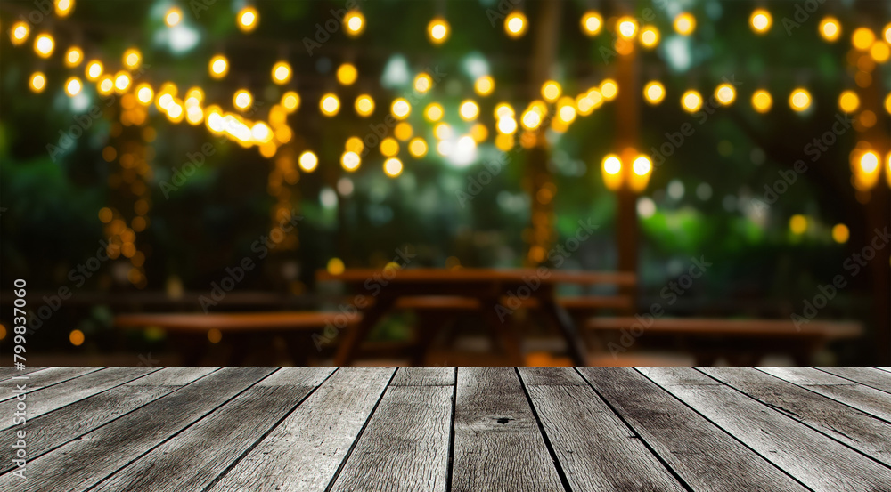 empty modern wooden terrace with abstract night light bokeh of night festival in garden, copy space for display of product or object presentation, vintage color tone empty modern wooden terrace with abstract night light bokeh of night festival in garden, copy space for display of product or object presentation, vintage color tone