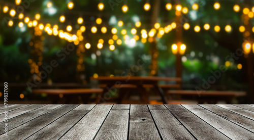 empty modern wooden terrace with abstract night light bokeh of night festival in garden  copy space for display of product or object presentation  vintage color tone