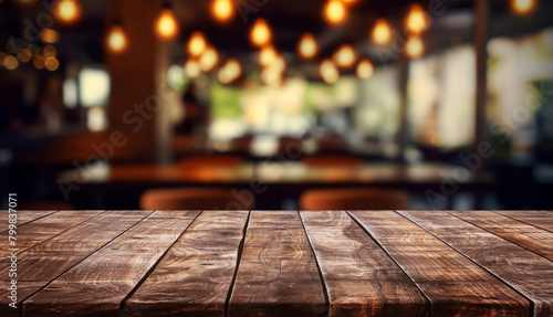 Empty old wood table top and blurred bokeh cafe and coffee shop interior background with vintage filter