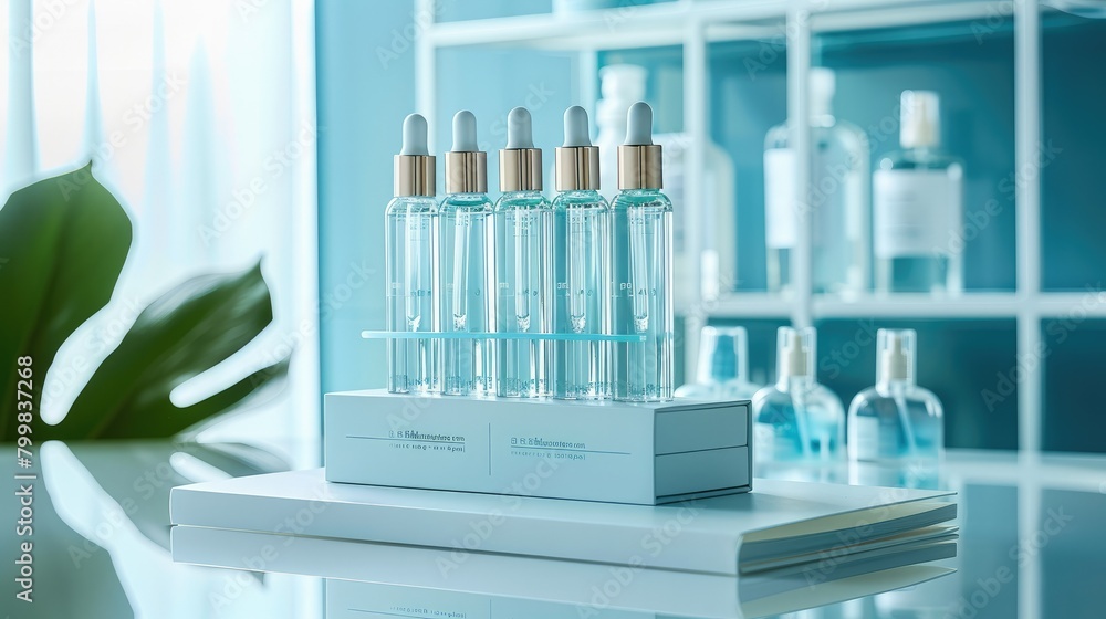 The facial serum comes in a carton packaging design with multiple glass test tubes. The box is light blue in color with an elegant laboratory in a light blue hue in the background. Generative AI. The facial serum comes in a carton packaging design with multiple glass test tubes. The box is light blue in color with an elegant laboratory in a light blue hue in the background. Generative AI.