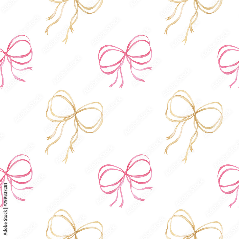 Watercolor seamless pattern with gold and pink bows. Ribbon bow print, delicate and cute. Design and decoration, background, wrapping paper, wallpaper. theme of holiday, celebration, party, birthday.
