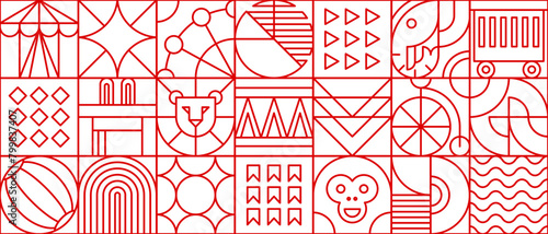 Modern circus line geometric pattern. Vector grid abstract background with lion, monkey or elephant, funfair and carnival cart, Ferris wheel, carousel, ball, flags and waves in fun naive linear style © Buch&Bee