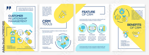 CRM tool types blue and yellow brochure template. Business statistics. Leaflet design with linear icons. Editable 4 vector layouts for presentation, annual reports. Questrial, Lato-Regular fonts used photo