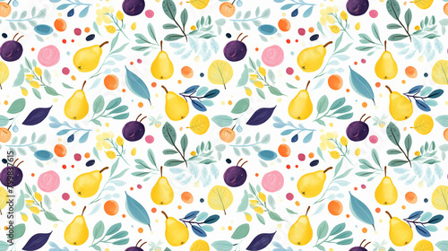 A seamless pattern of hand-painted pears, plums, and leaves.