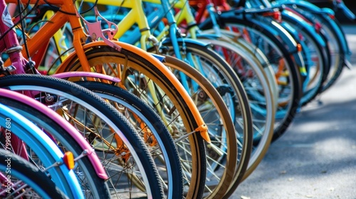 A row of colorful bicycles lined up on the sidewalk, ready for use in city travel and fitness activities. © Chasan