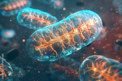 3D model of mitochondria showing dynamic structure and energy production in cells. Concept 3D Modeling, Mitochondria, Cellular Biology, Energy Production, Dynamic Structure photo