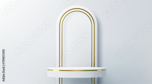 White podium with arch and golden frame stage for product display, vector background. Realistic podium pedestal with round platform and arch in golden bezel line for luxury promotion showcase mockup